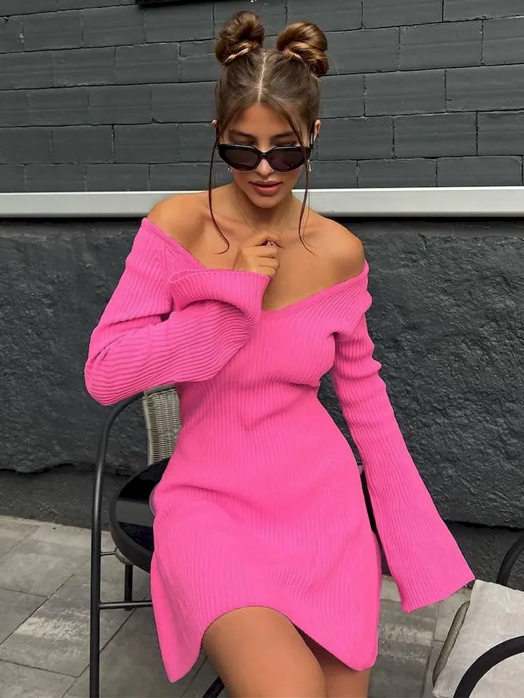 Autumn Winter Women Fashion Sexy Off Shoulder V-Neck Long Sleeve Knitted Dress - Image 7
