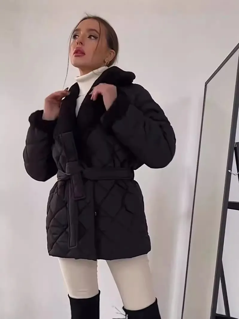 Autumn Winter Women Fashion Lapel Thickened Warm Lace-Up Long-Sleeved Cotton-Padded Coat - Image 3