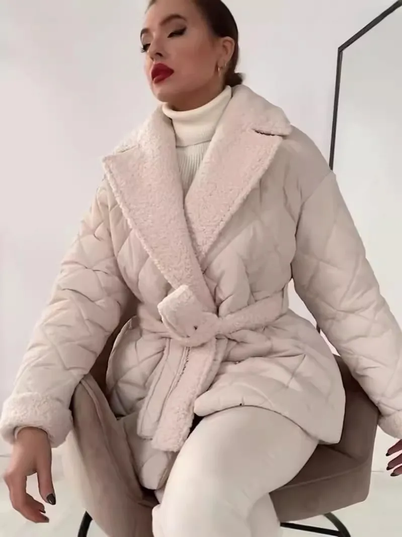 Autumn Winter Women Fashion Lapel Thickened Warm Lace-Up Long-Sleeved Cotton-Padded Coat - Image 4