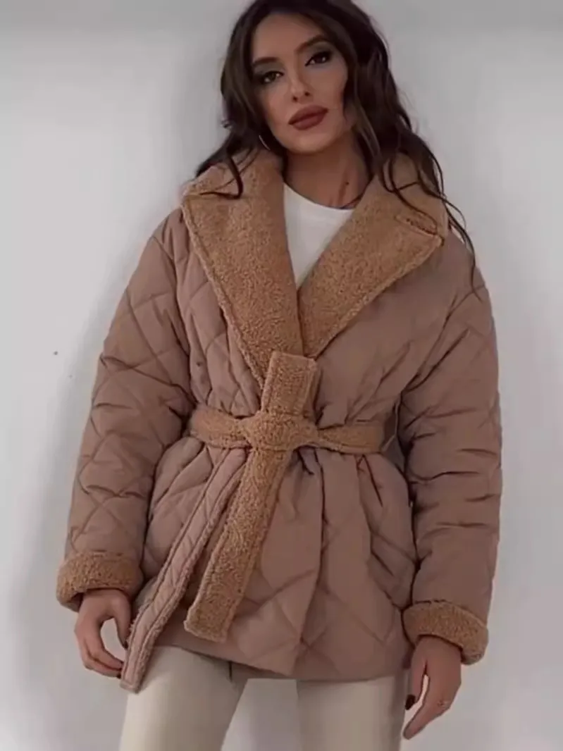 Autumn Winter Women Fashion Lapel Thickened Warm Lace-Up Long-Sleeved Cotton-Padded Coat - Image 5