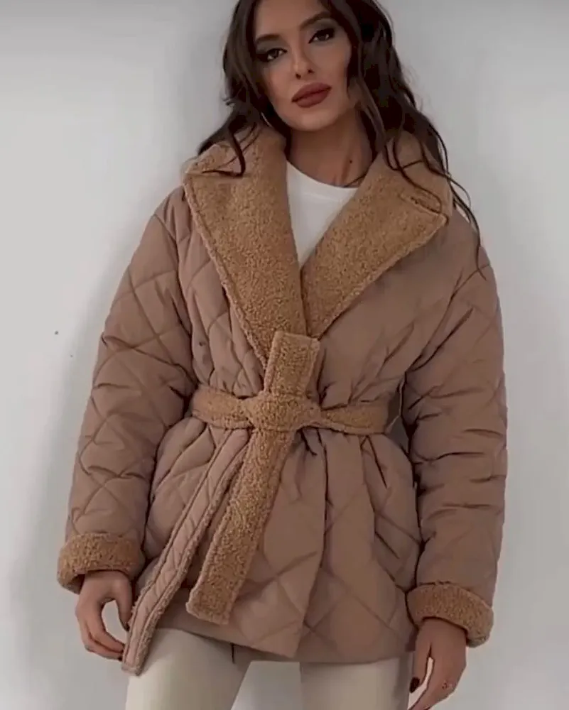 Autumn Winter Women Fashion Lapel Thickened Warm Lace-Up Long-Sleeved Cotton-Padded Coat - Image 8