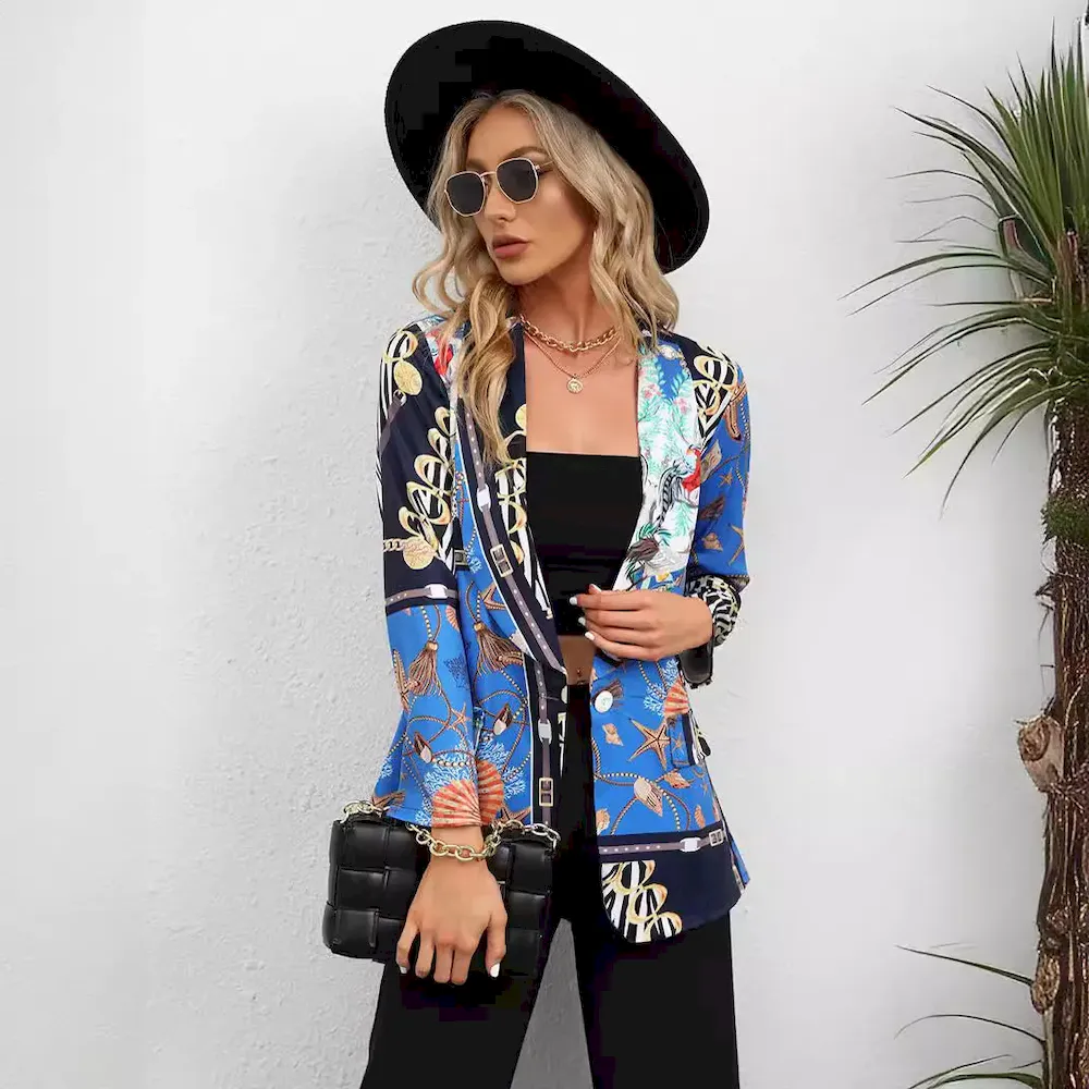 Women Fashion Casual Plaid Starfish Print Lasel Button Long Sleeve Coat - Image 3