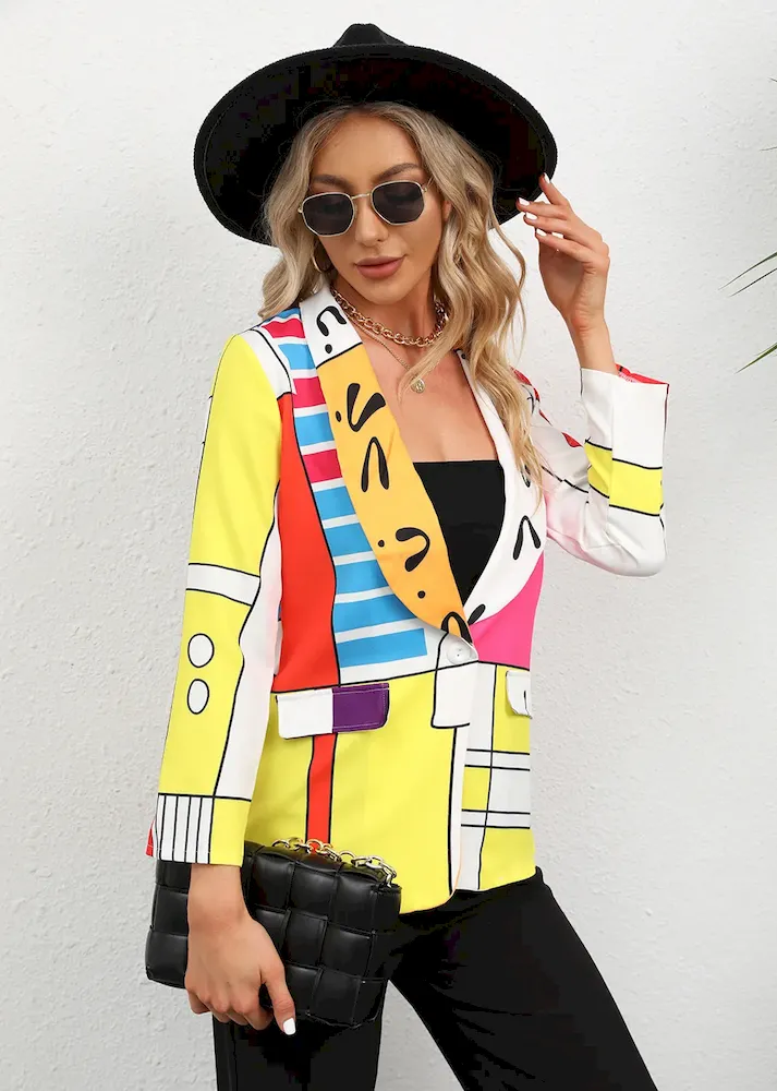 Women Fashion Casual Plaid Starfish Print Lasel Button Long Sleeve Coat - Image 6