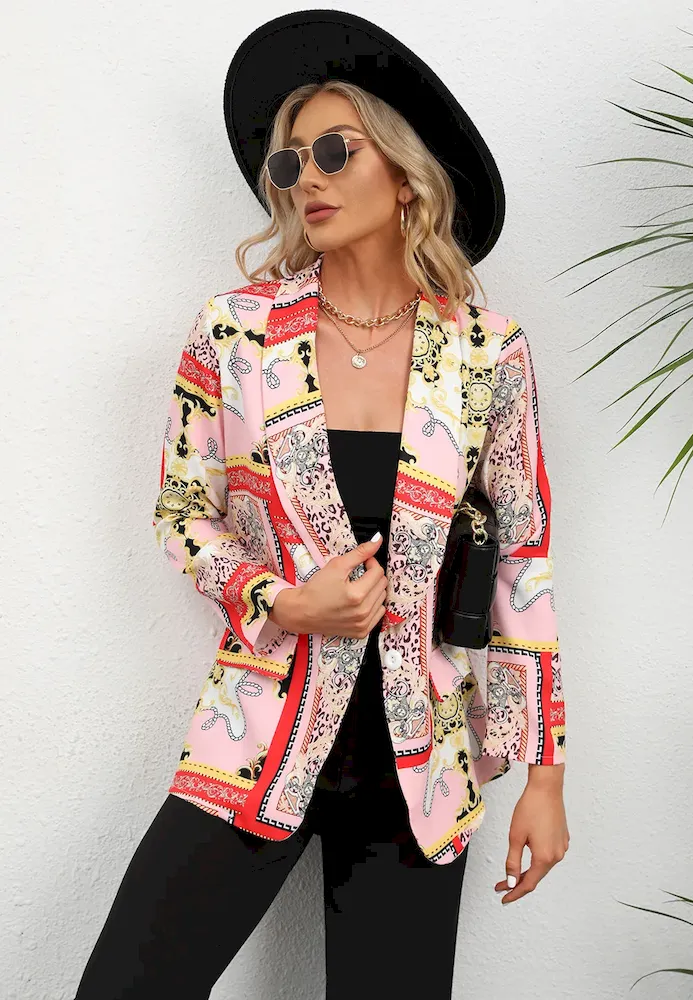 Women Fashion Casual Plaid Starfish Print Lasel Button Long Sleeve Coat - Image 9