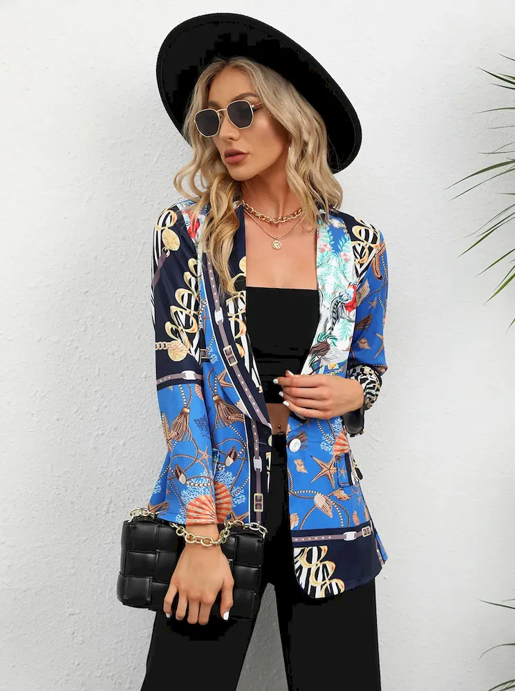 Women Fashion Casual Plaid Starfish Print Lasel Button Long Sleeve Coat - Image 10