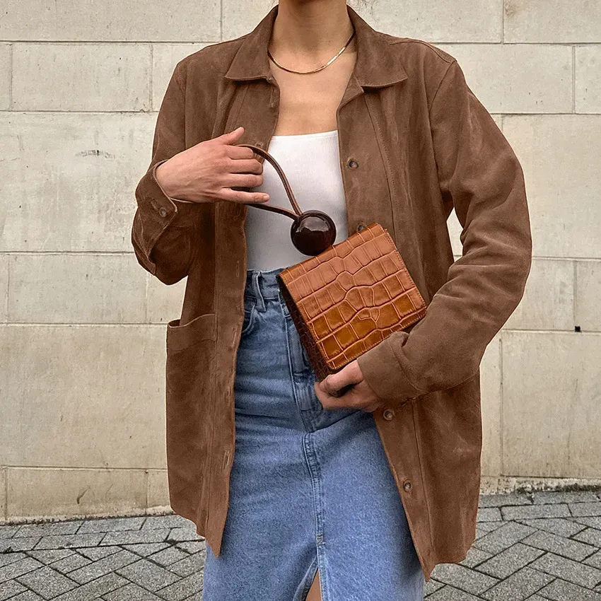 Autumn Women Fashion Suede Lapel Long Sleeve Coat