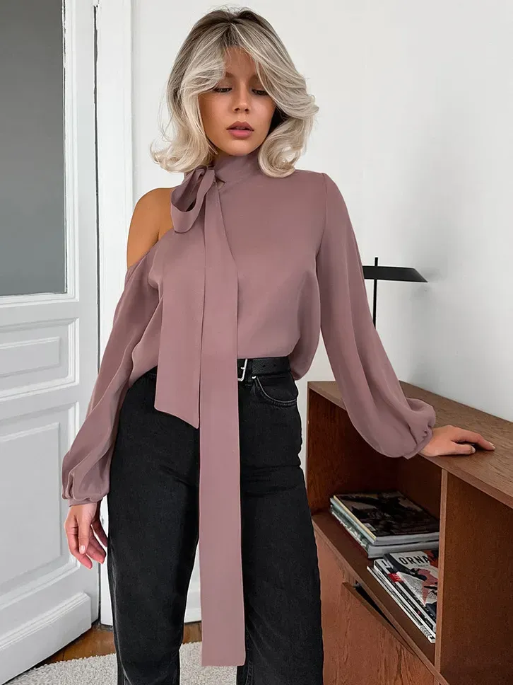 Women Fashion Shed Irregular Collar Long Sleeve Shirt - Image 3