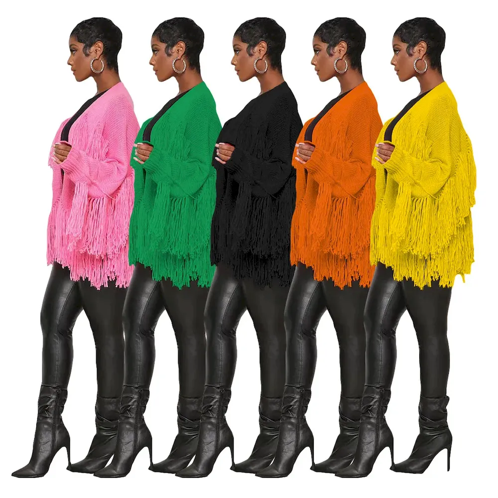 Autumn Winter Women Fashion Solid Color Knitted Tassel Jacket - Image 3