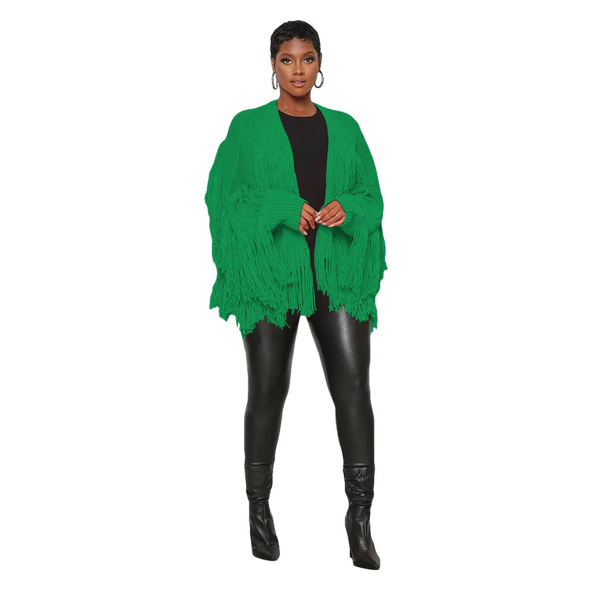 Autumn Winter Women Fashion Solid Color Knitted Tassel Jacket - Image 8