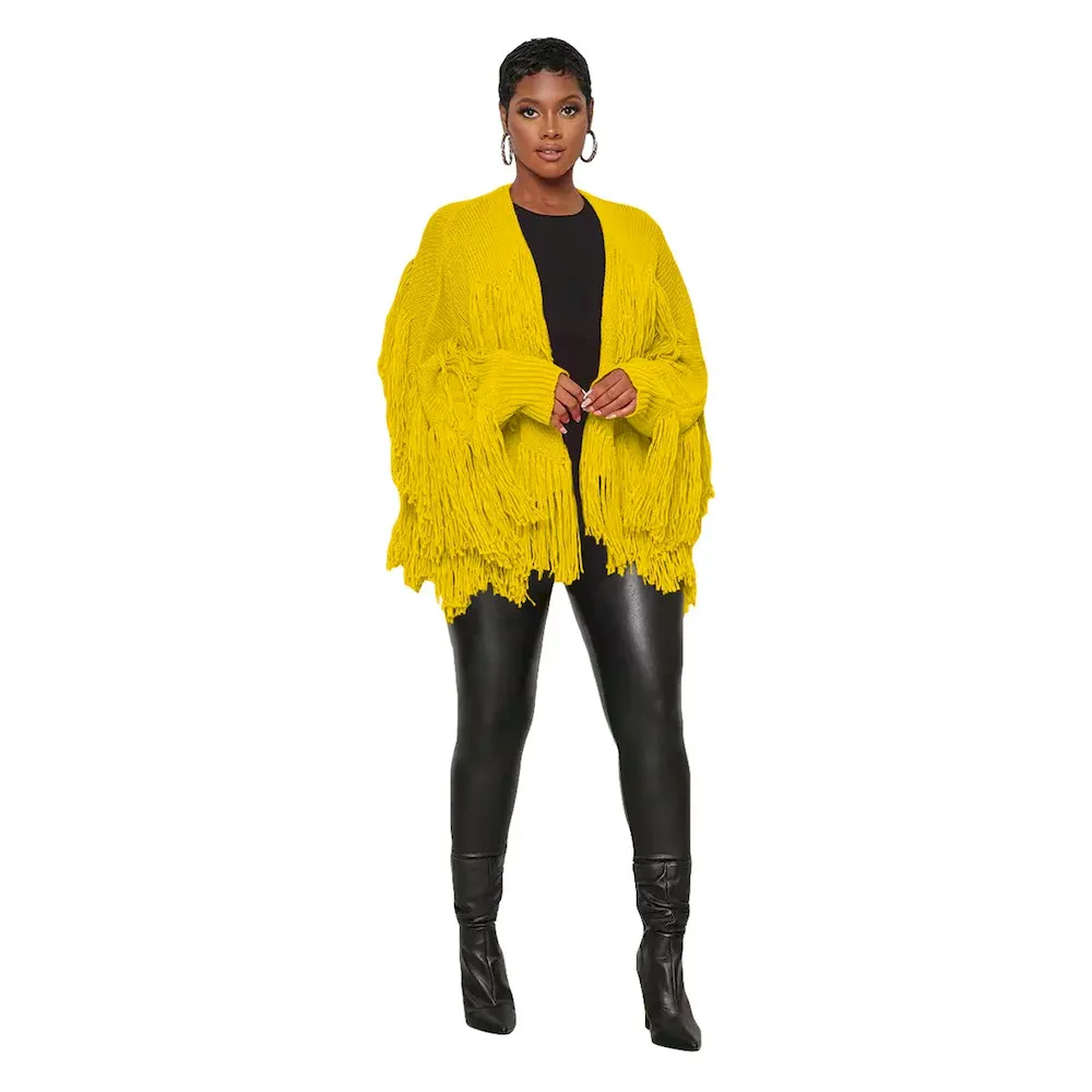 Autumn Winter Women Fashion Solid Color Knitted Tassel Jacket - Image 9