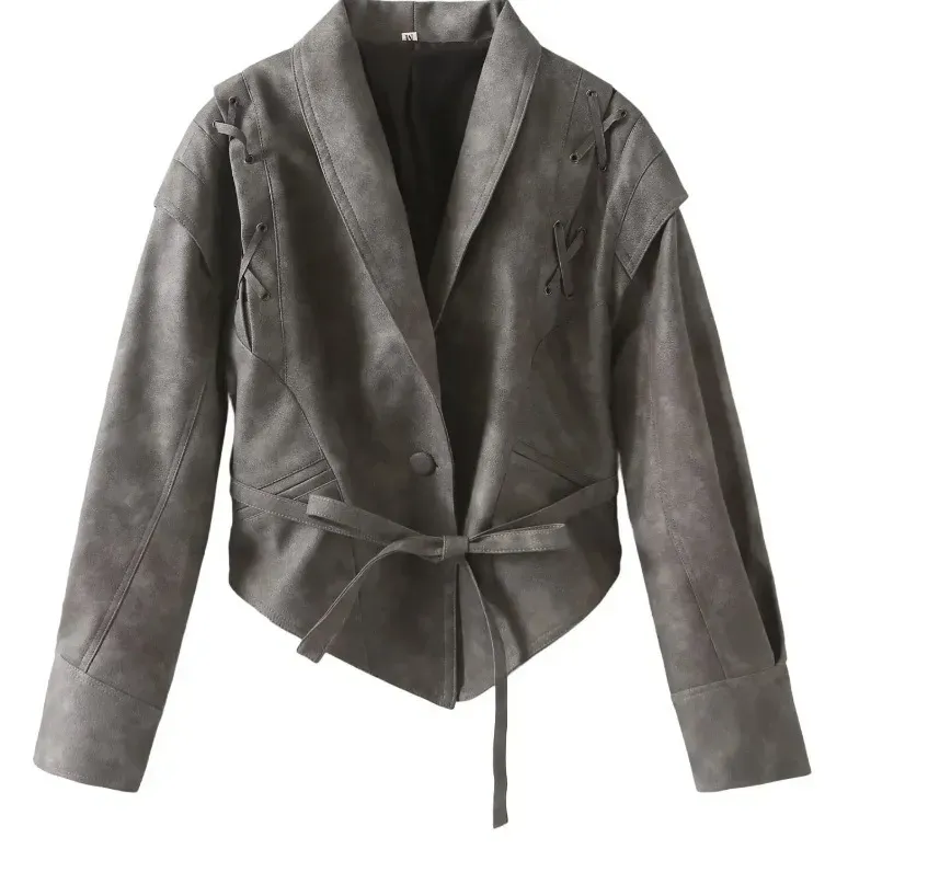 Women Vintage Faux Leather Lapel Long Sleeve Lace-Up Coat - Image 10