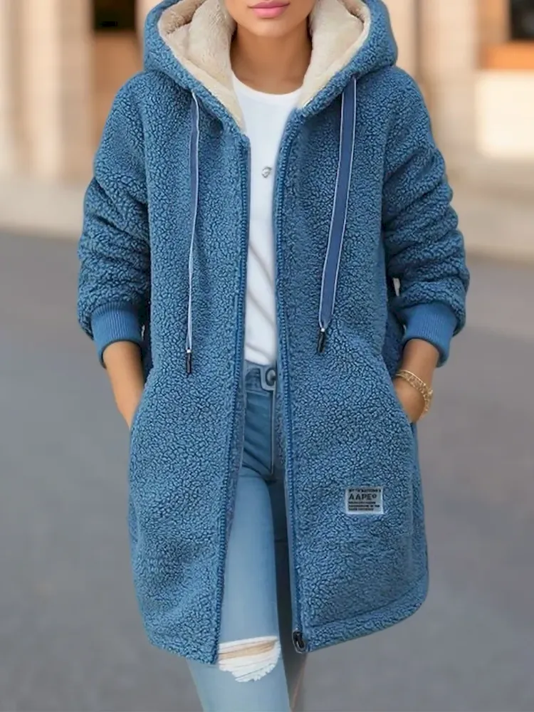 Autumn Winter Women Fashion Fleece-Lined Thickened Lamb Fleece Letter Embroidered Zipper Long Sleeve Jacket - Image 3