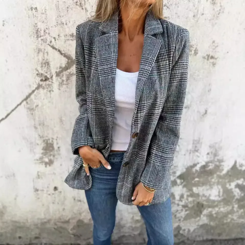 Autumn Winter Women Fashion Vintage Houndstooth Lapel Blazer Jacket - Image 3