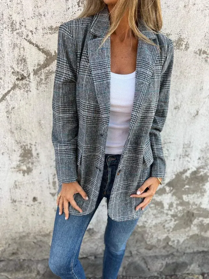 Autumn Winter Women Fashion Vintage Houndstooth Lapel Blazer Jacket - Image 5