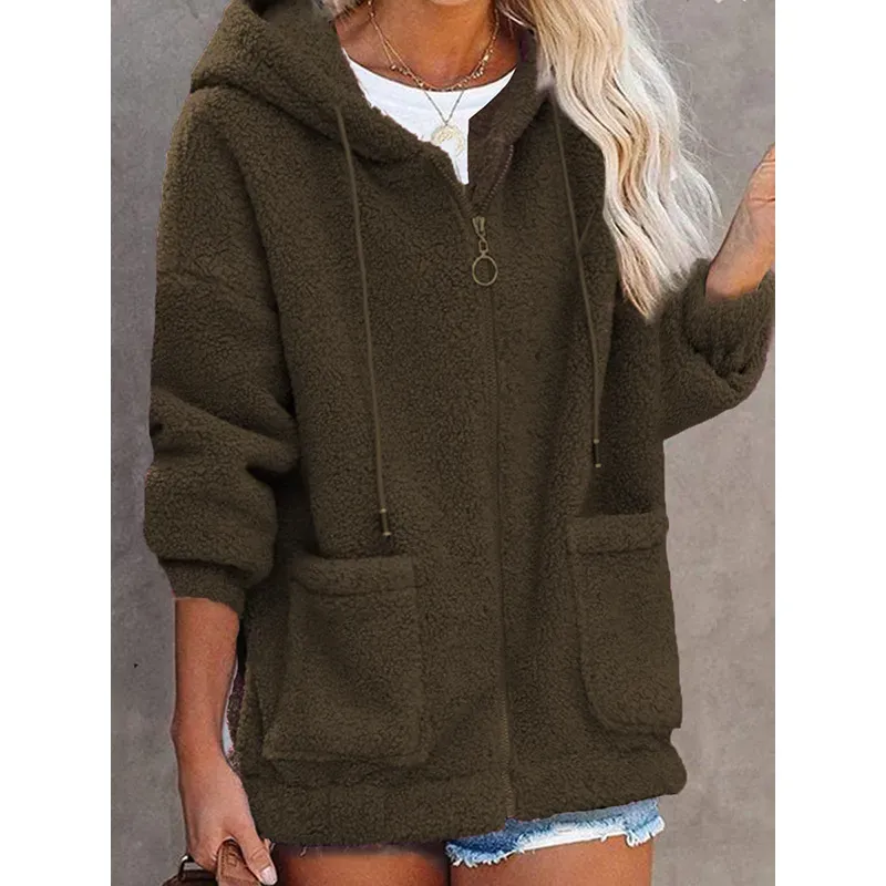Autumn Winter Women Fashion Plush Thickened Long Sleeve Zipper Pocket Hooded Jacket - Image 6