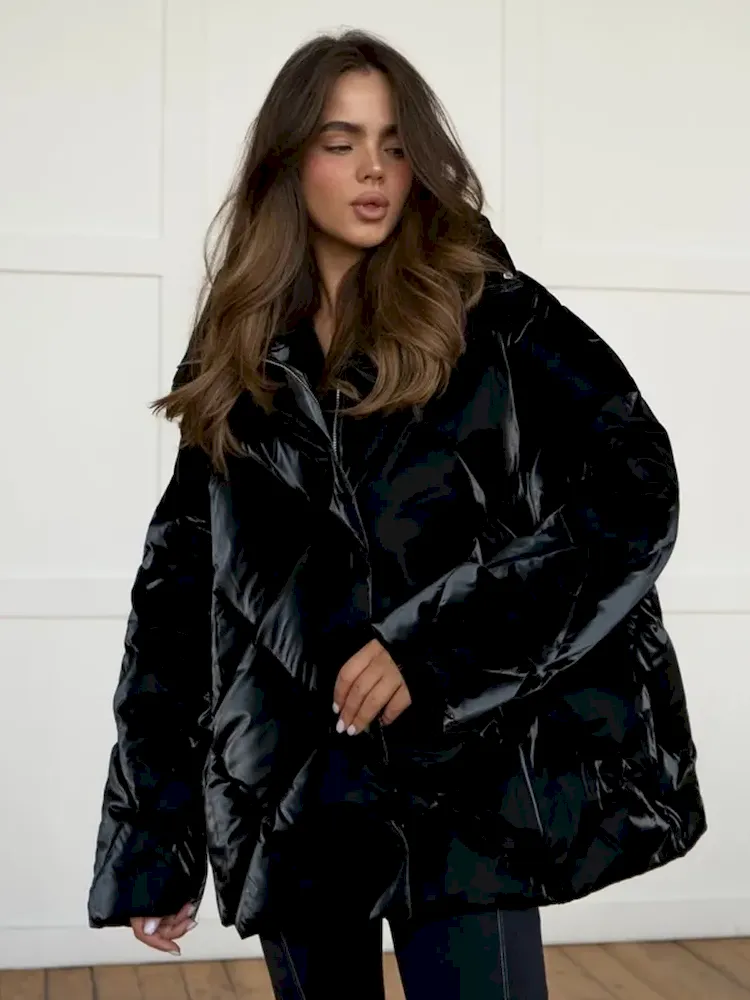 Autumn Winter Women Fashion Loose Matte Bright Lapel Rhombic Cotton Coat - Image 4