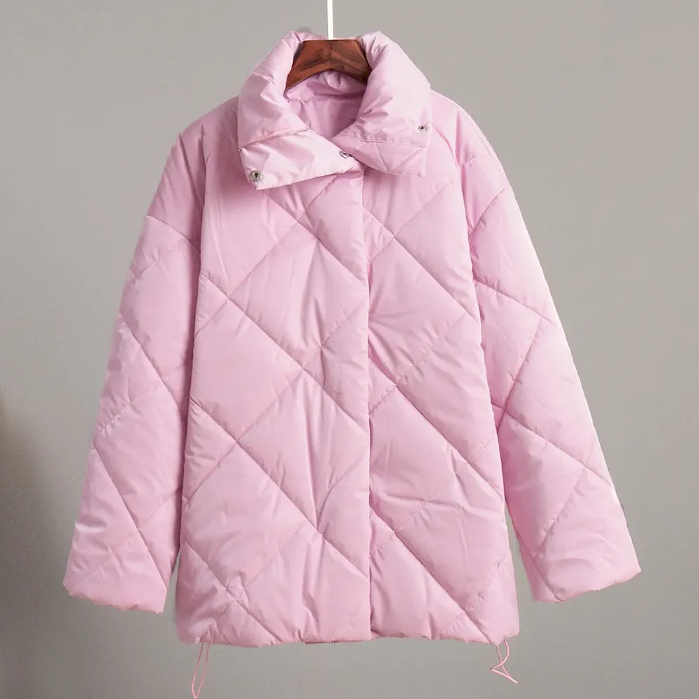 Autumn Winter Women Fashion Loose Matte Bright Lapel Rhombic Cotton Coat - Image 6