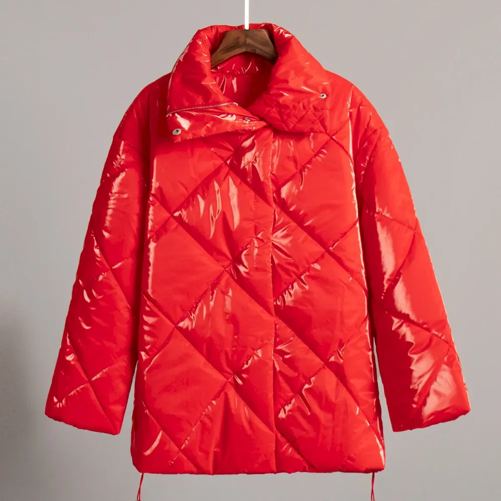 Autumn Winter Women Fashion Loose Matte Bright Lapel Rhombic Cotton Coat - Image 8