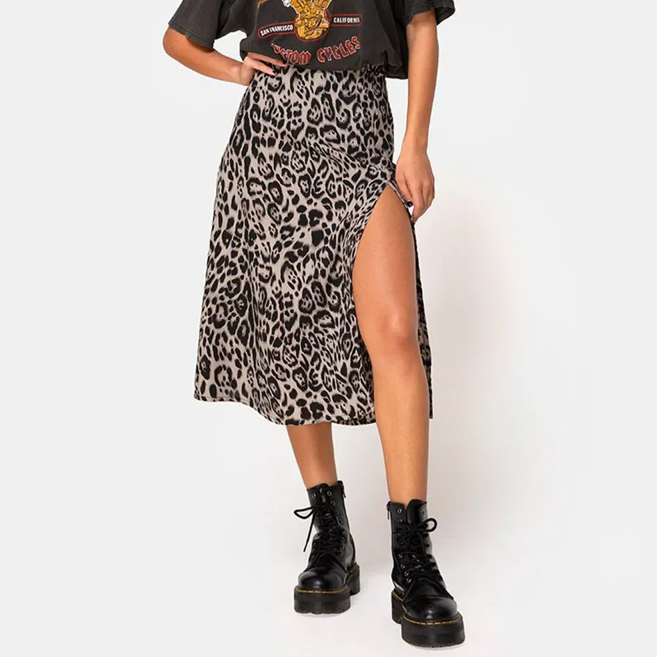 Floral Leopard Printed High Waist Stretch Split A- Line Skirt - Image 3