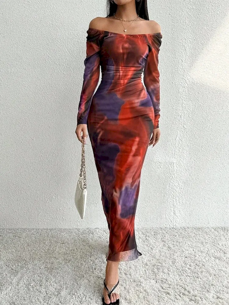 Women Sexy Shoulder Print Mesh Bodycon Maxi Dress - Image 5
