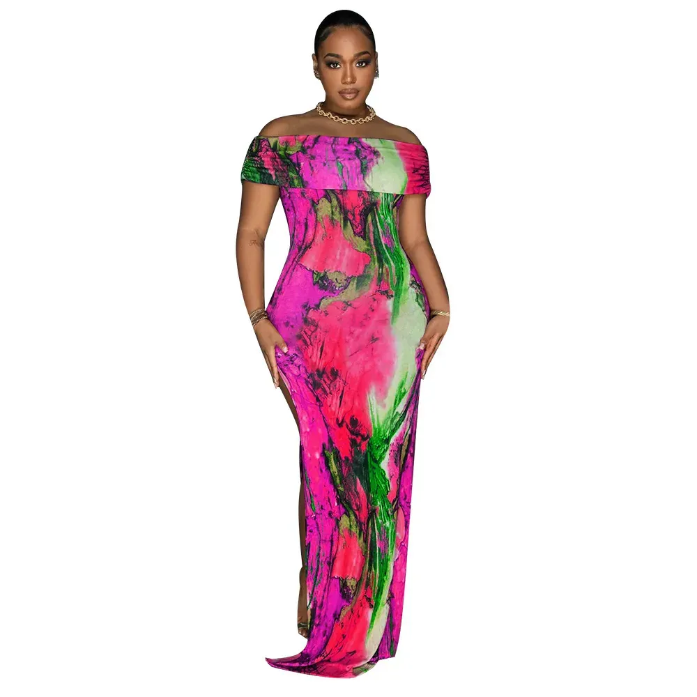 Fashion Women Off-Shoulder Sexy High Split Tie Dye Print Maxi Dress - Image 8