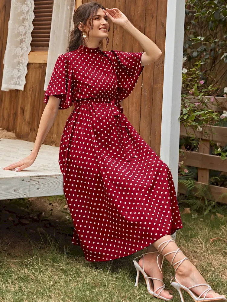 Women Fashion Comfortable Strap Short Sleeve Dot Chiffon Pregnant Women Dress - Image 3