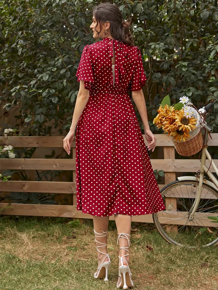 Women Fashion Comfortable Strap Short Sleeve Dot Chiffon Pregnant Women Dress - Image 4