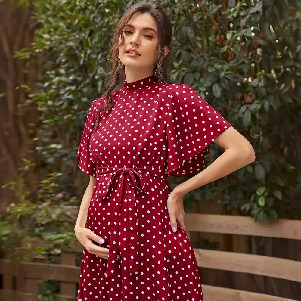 Women Fashion Comfortable Strap Short Sleeve Dot Chiffon Pregnant Women Dress - Image 5