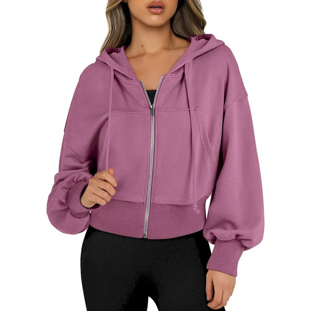 Women Fashion Hoodie Full Zip Short Sweatshirt Casual Hooded Pullover Sweatshirt - Image 4