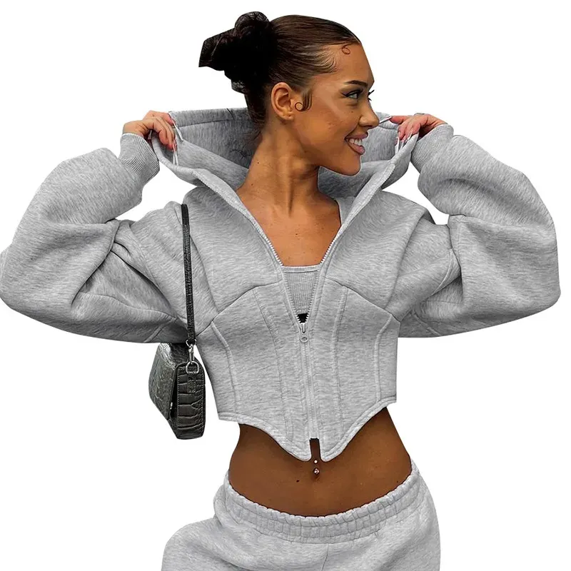 Women Fashion Autumn And Winter Casual Zipper Long Sleeve Hooded Cardigan Short Jacket - Image 4