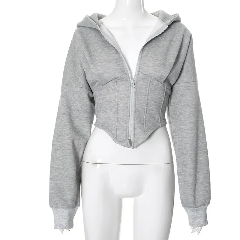Women Fashion Autumn And Winter Casual Zipper Long Sleeve Hooded Cardigan Short Jacket - Image 5