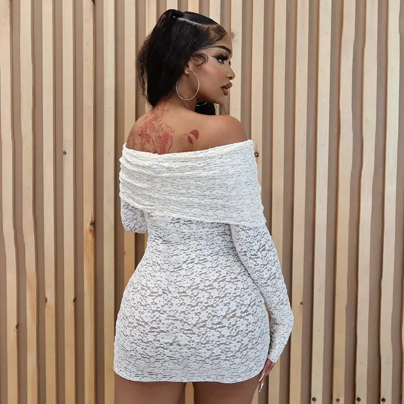 Women Sexy Lace Off Shoulder Hollow Long Sleeve Dress - Image 3