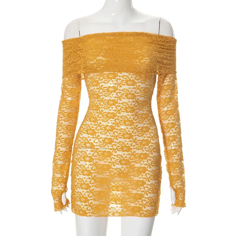 Women Sexy Lace Off Shoulder Hollow Long Sleeve Dress - Image 5