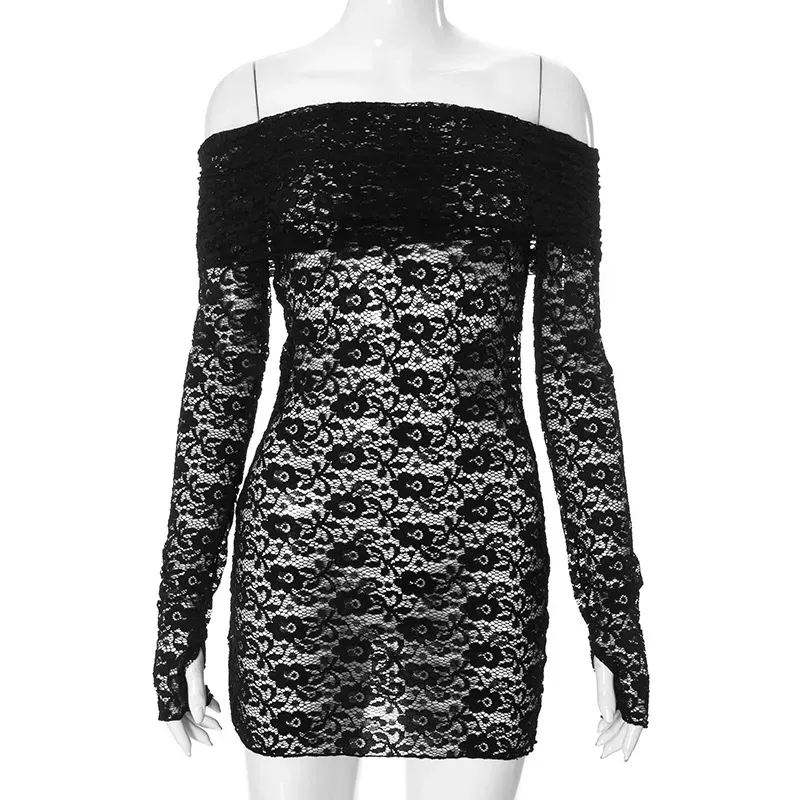 Women Sexy Lace Off Shoulder Hollow Long Sleeve Dress - Image 6