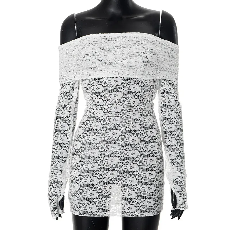 Women Sexy Lace Off Shoulder Hollow Long Sleeve Dress - Image 7