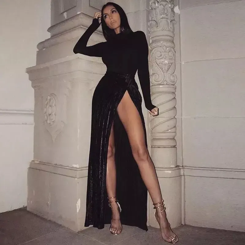 Women Fashion Sexy Solid Color Stripe Side Slit Skirt - Image 6
