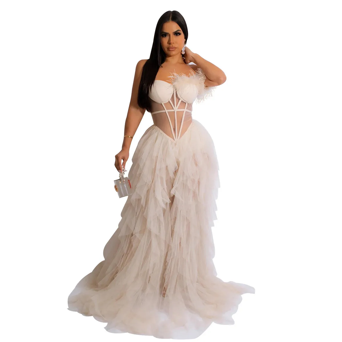 Fashion Women Solid Color Off-Shouder Mesh Formal Dress - Image 8