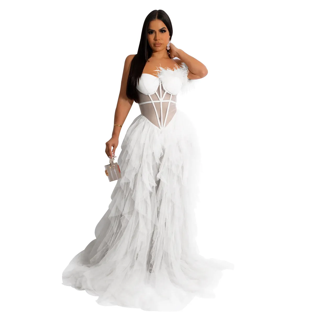 Fashion Women Solid Color Off-Shouder Mesh Formal Dress - Image 9