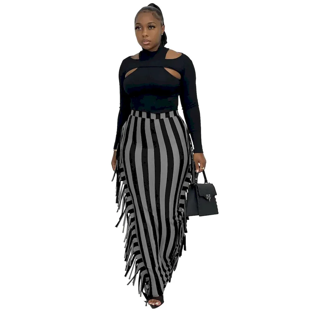 Women Fashion Slim-Fit Printed Stripe-Side Tassel Skirt - Image 6