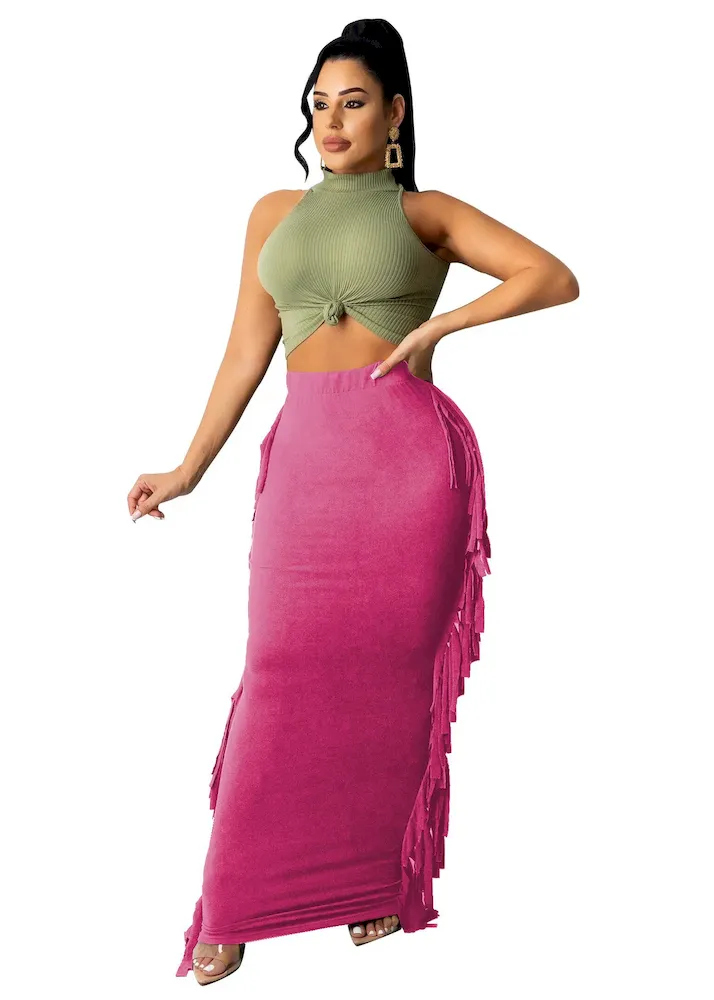 Women Fashion Slim-Fit Printed Stripe-Side Tassel Skirt - Image 13