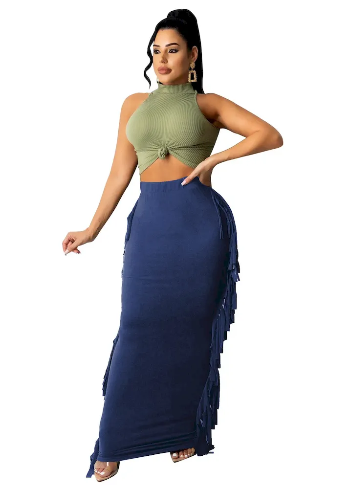 Women Fashion Slim-Fit Printed Stripe-Side Tassel Skirt - Image 14