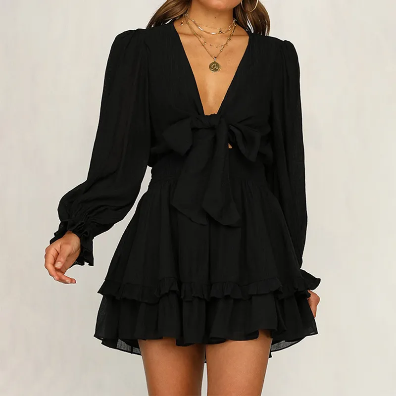 Women Casual Solid Color V-Neck Puff Long Sleeve Lace-Up Ruffled Dress - Image 7