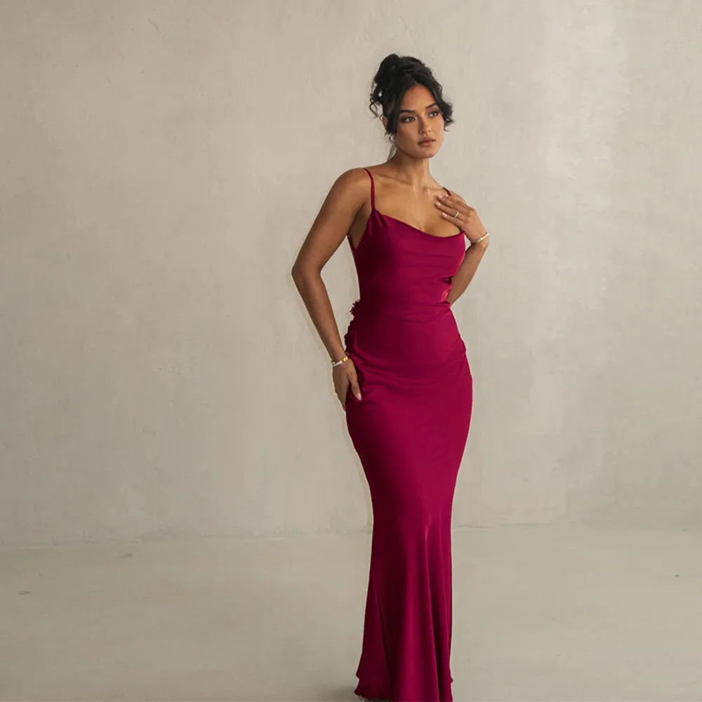 Women Elegant Solid Color Satin Backless Party Formal Dress - Image 4