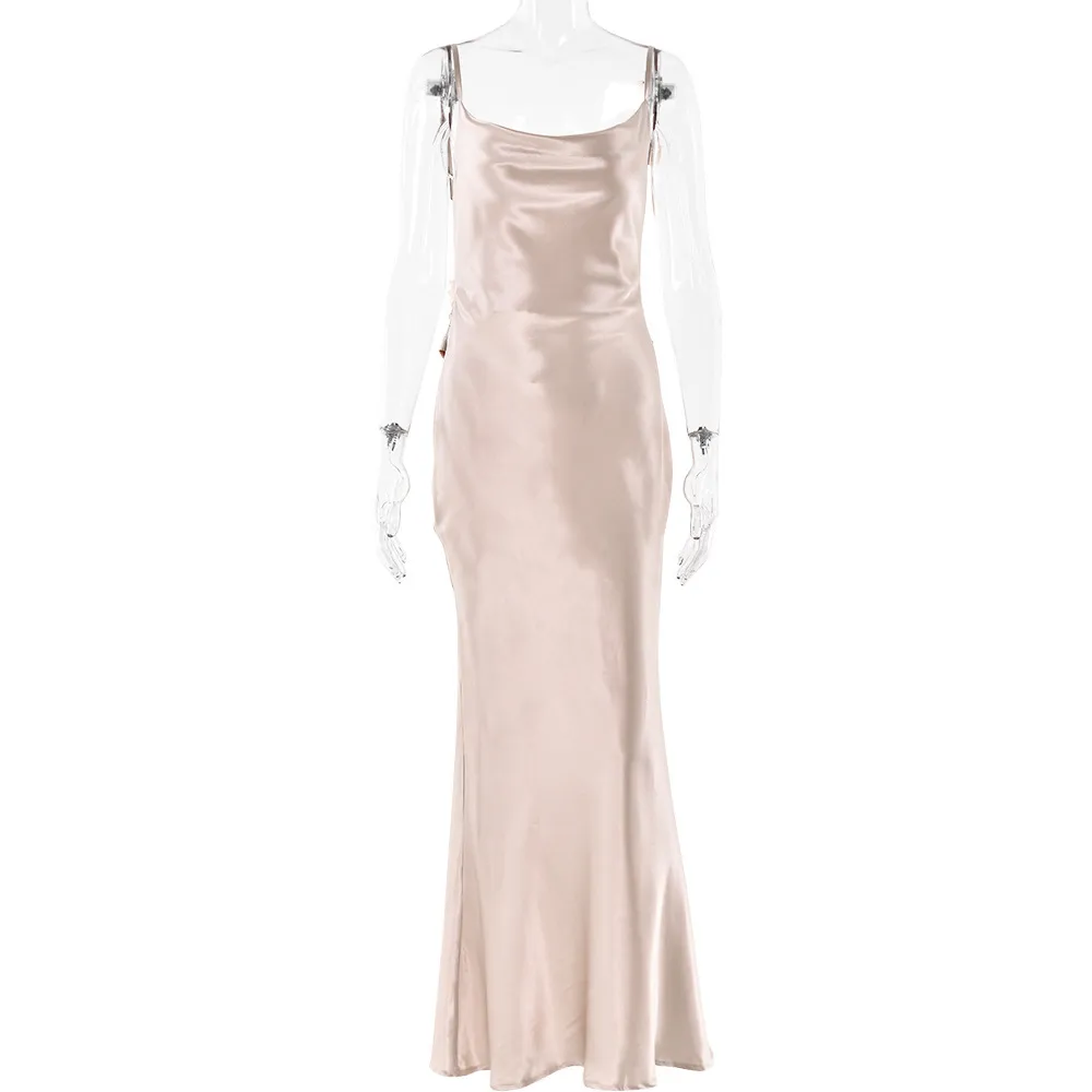 Women Elegant Solid Color Satin Backless Party Formal Dress - Image 6