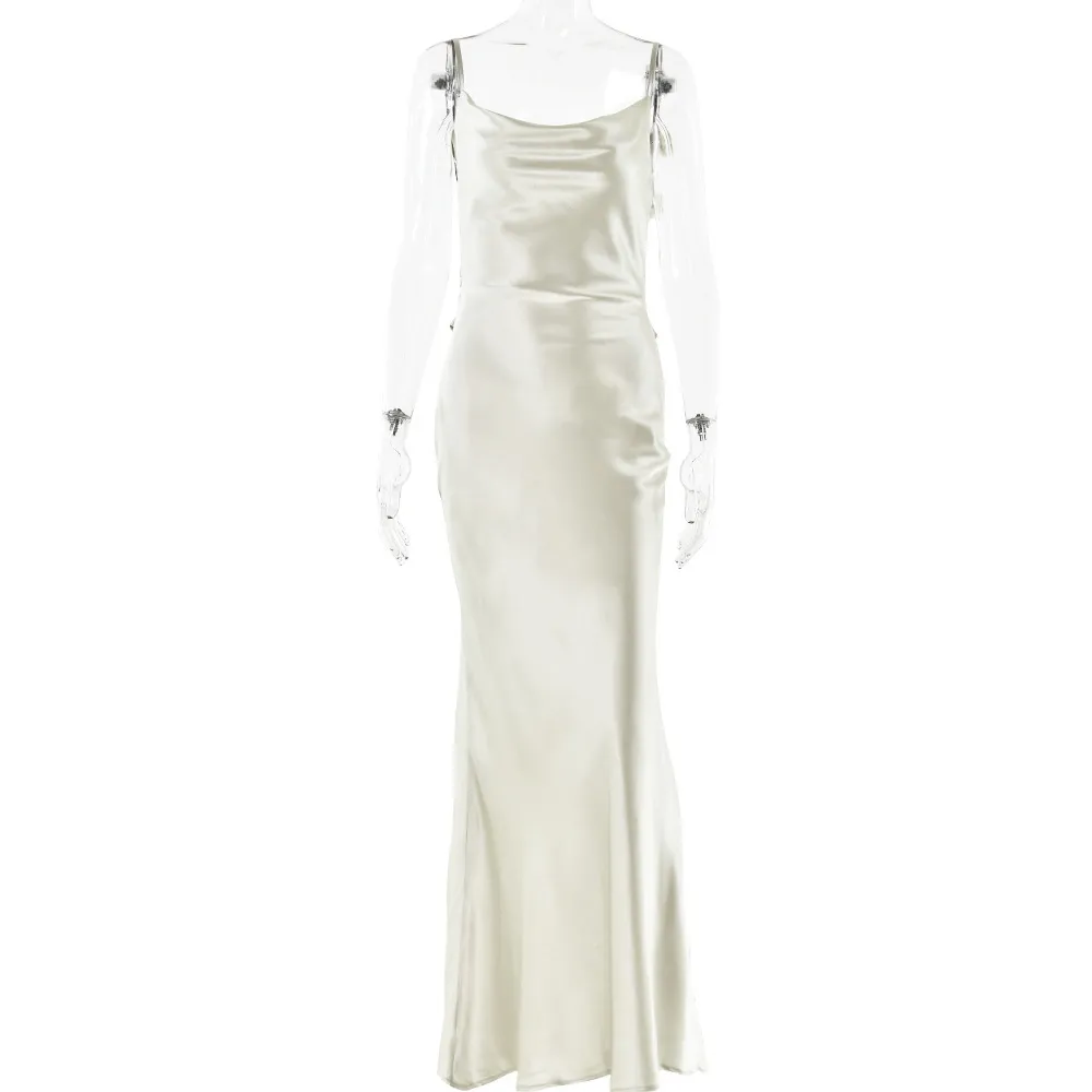 Women Elegant Solid Color Satin Backless Party Formal Dress - Image 7