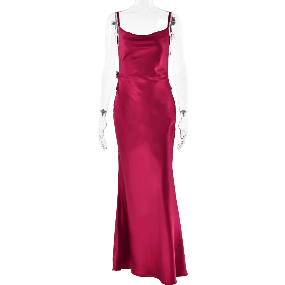 Women Elegant Solid Color Satin Backless Party Formal Dress - Image 9