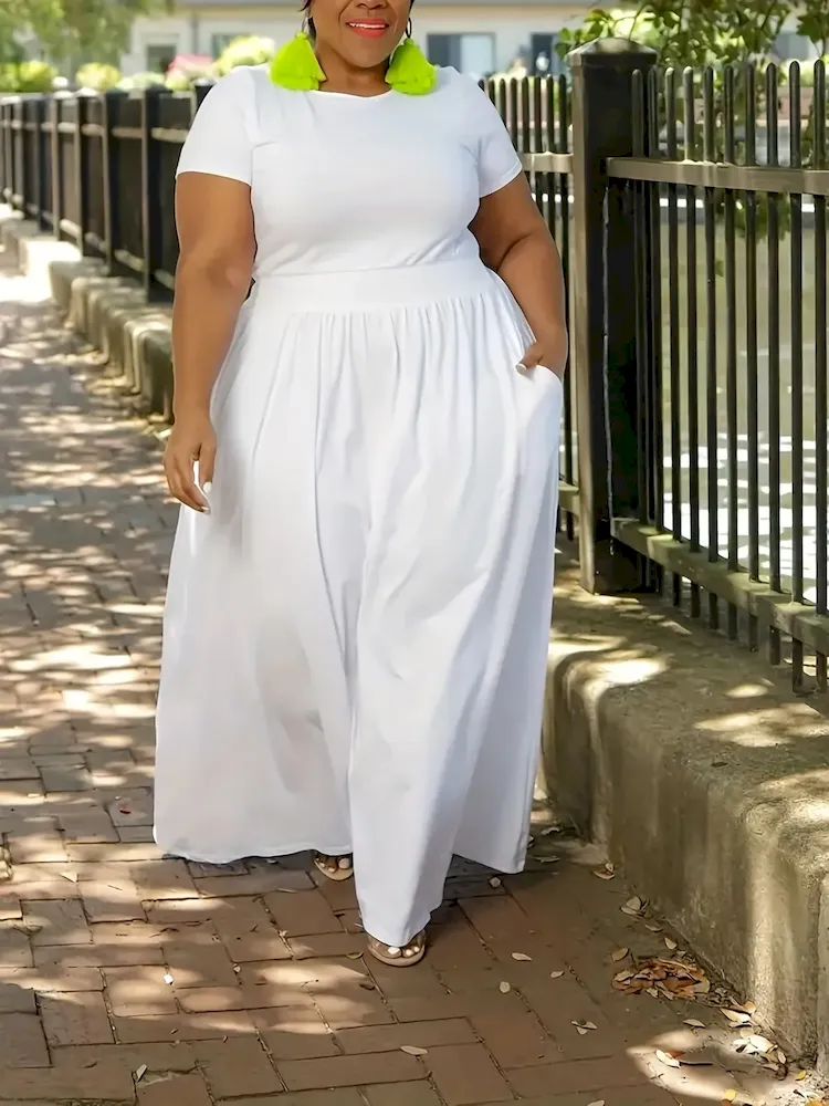Women Casual Solid Color Tight Waist Short Sleeve Plus Size Dress - Image 3