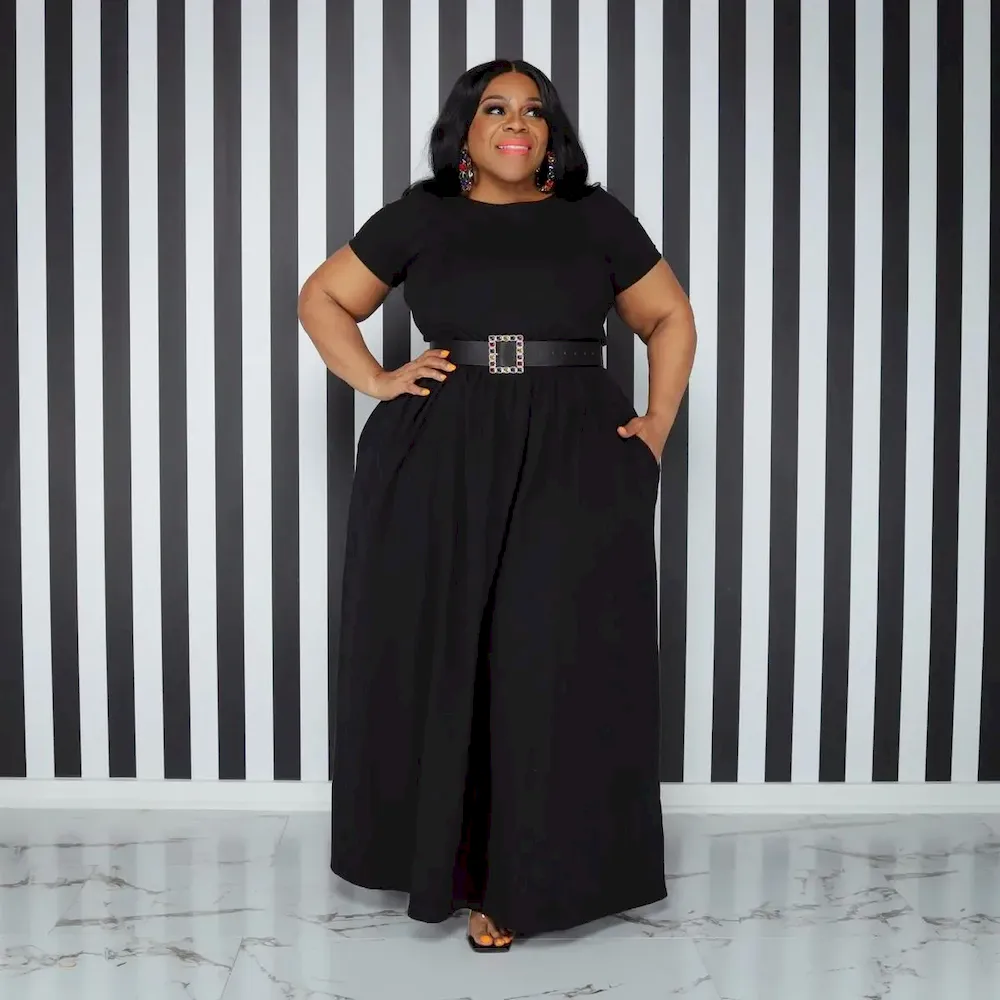 Women Casual Solid Color Tight Waist Short Sleeve Plus Size Dress - Image 5