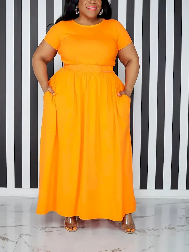 Women Casual Solid Color Tight Waist Short Sleeve Plus Size Dress - Image 6