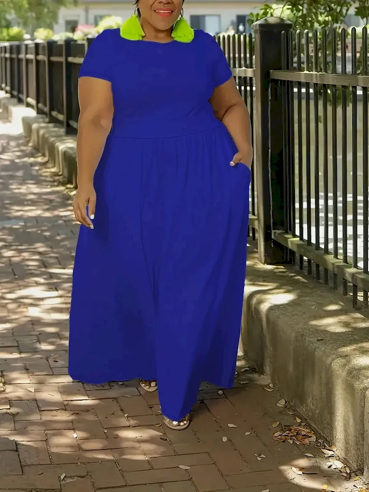 Women Casual Solid Color Tight Waist Short Sleeve Plus Size Dress - Image 7